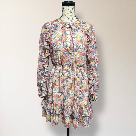 ZARA Pink Floral Ruffle Tiered Long Sleeve Mini Dress Boho Cottagecore Fairy L - Picture 2 of 8